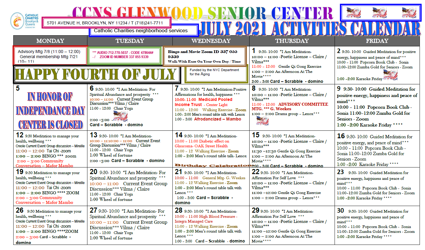 Glenwood Activity Calendar July 21 Catholic Charities Of Brooklyn Queens