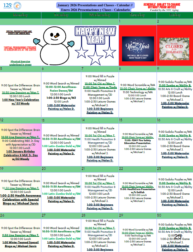 Dellamonica calendar of activities january 2026